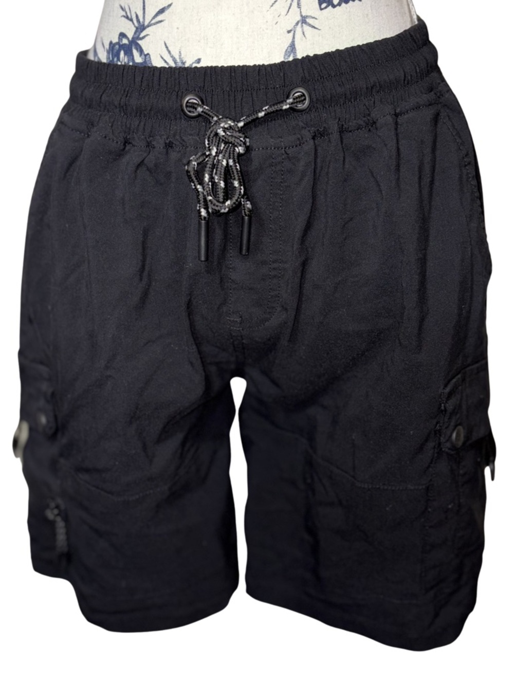 Retro Stitch Men’s Black Utility Cargo Shorts - Elastic Drawstring Waist Medium